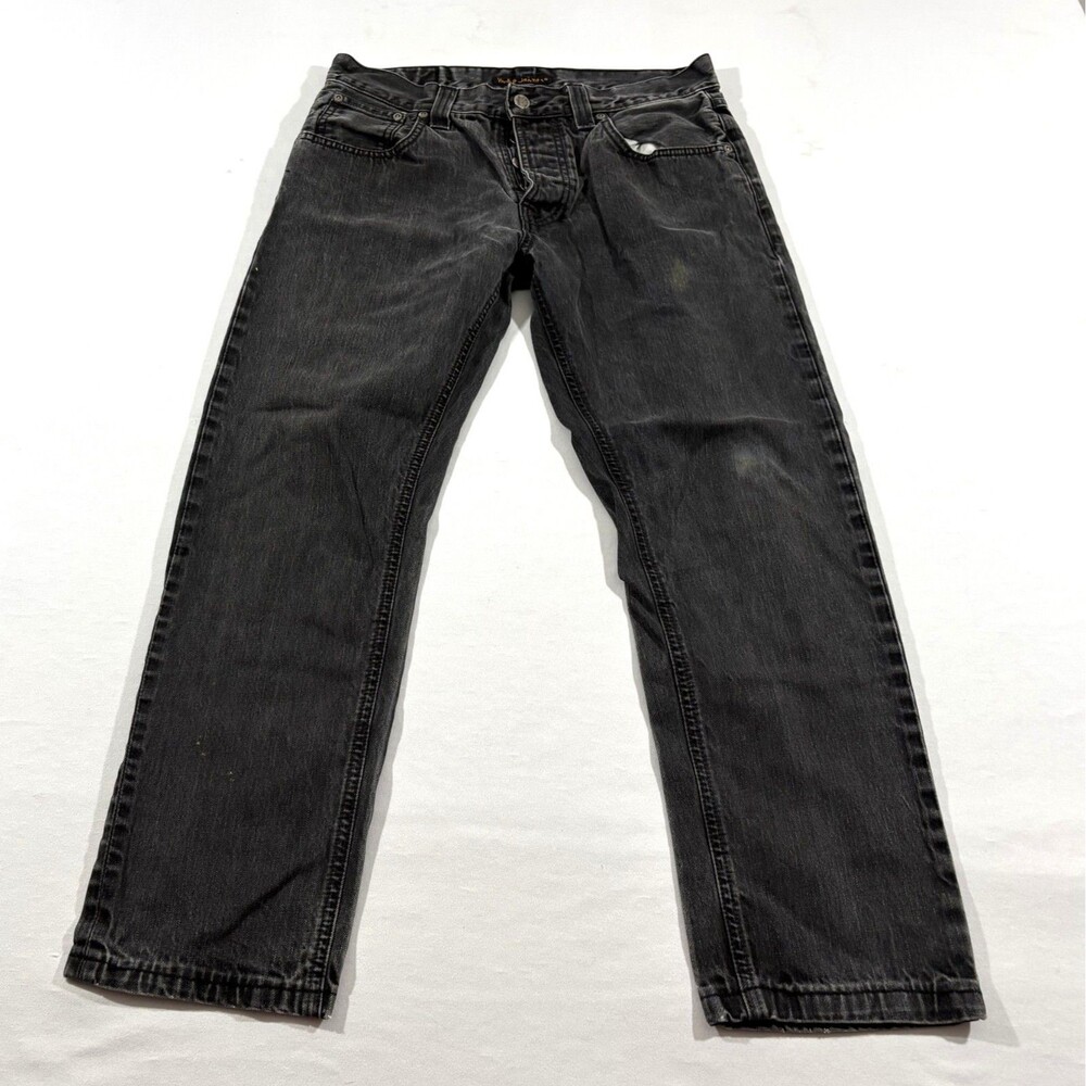 Nudie Black Denim Jeans Pants Grunge Slim Leg Button Fly Sz 31x27 Italy Stain
